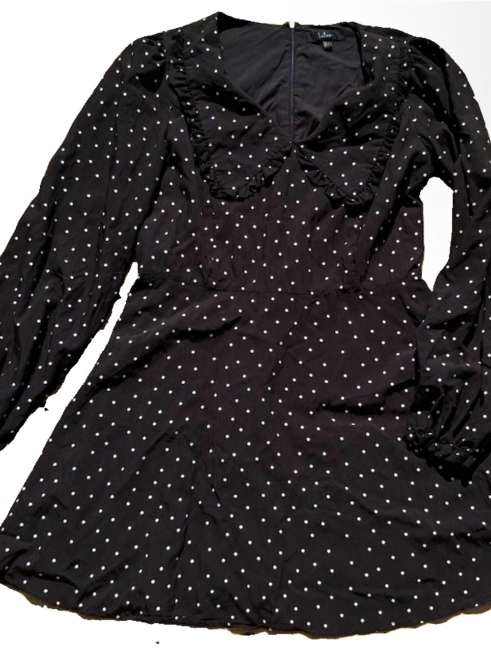 Lulu's Black Mini Dress with White Polka Dots and Ruffle Collar